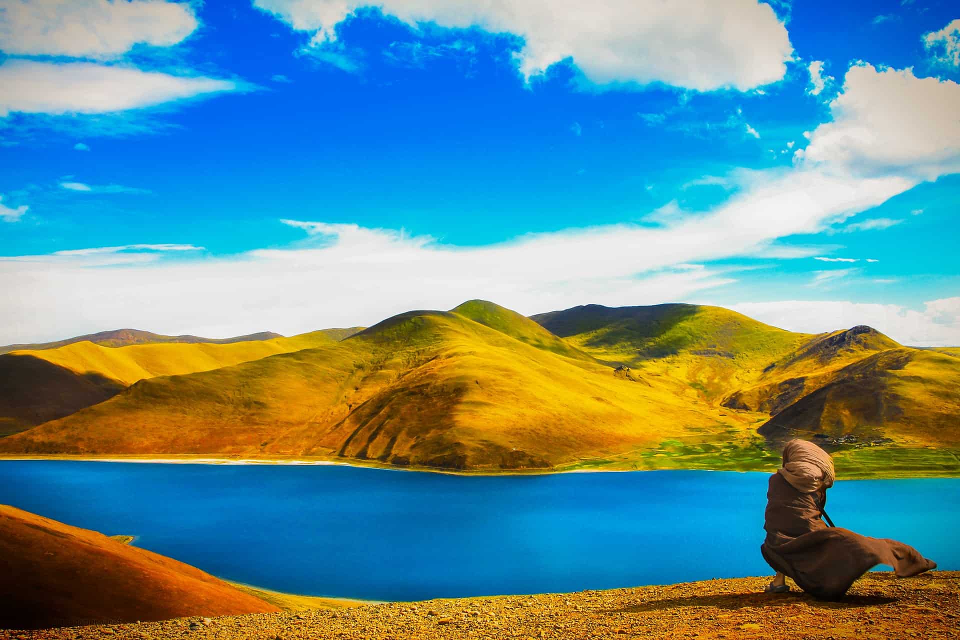 Tibetan Landscape lake and mountains behind