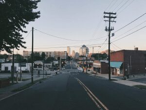 Durham NC Washington Street view across Geer street to downtown