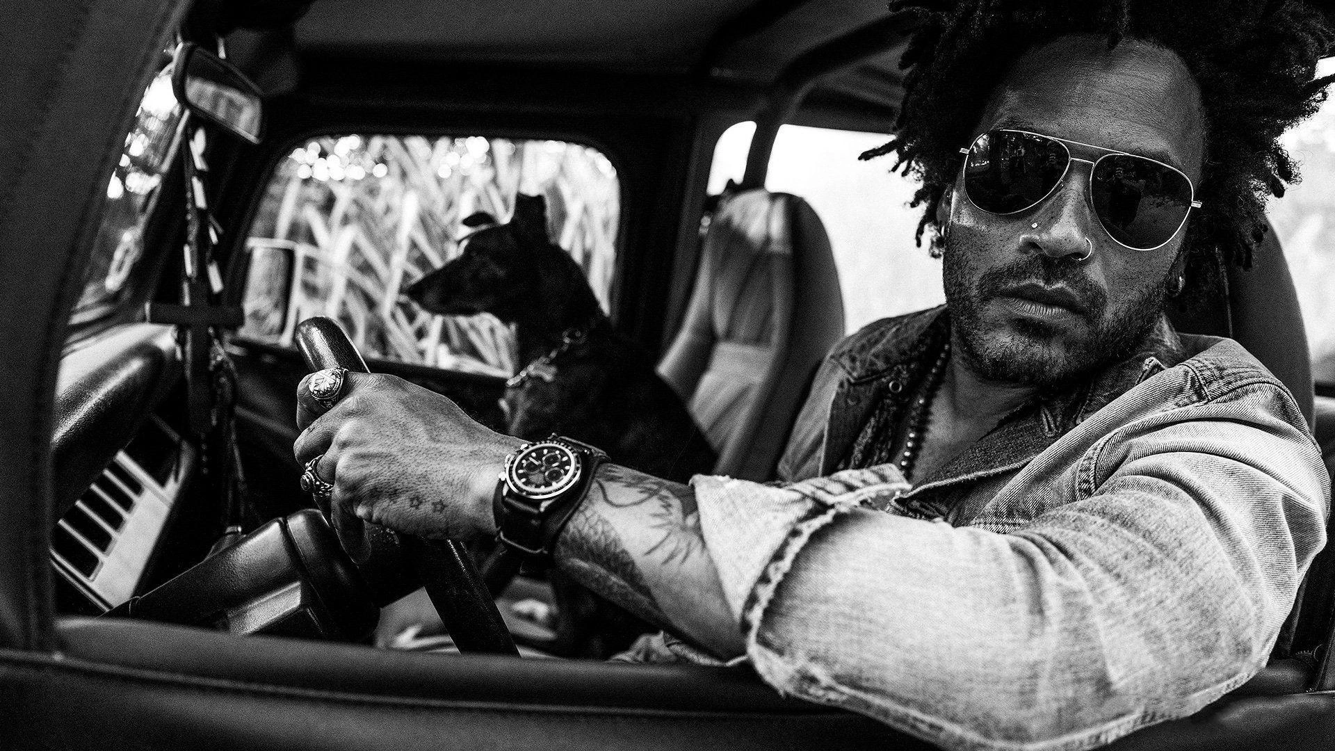 Lenny Kravitz with Dog in his truck