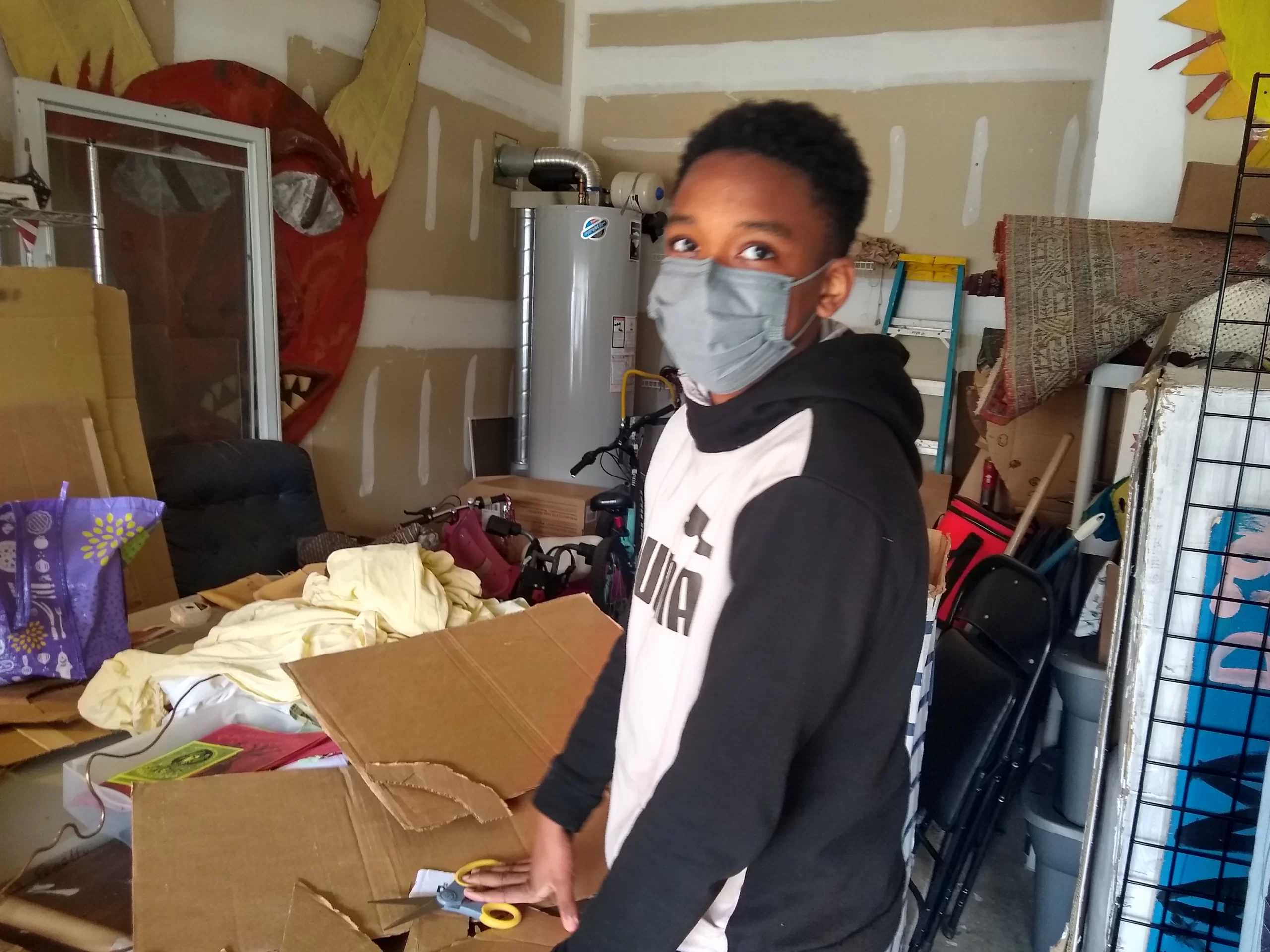 Tarin of 1,2,3 Puppetry working on mask 3-2022