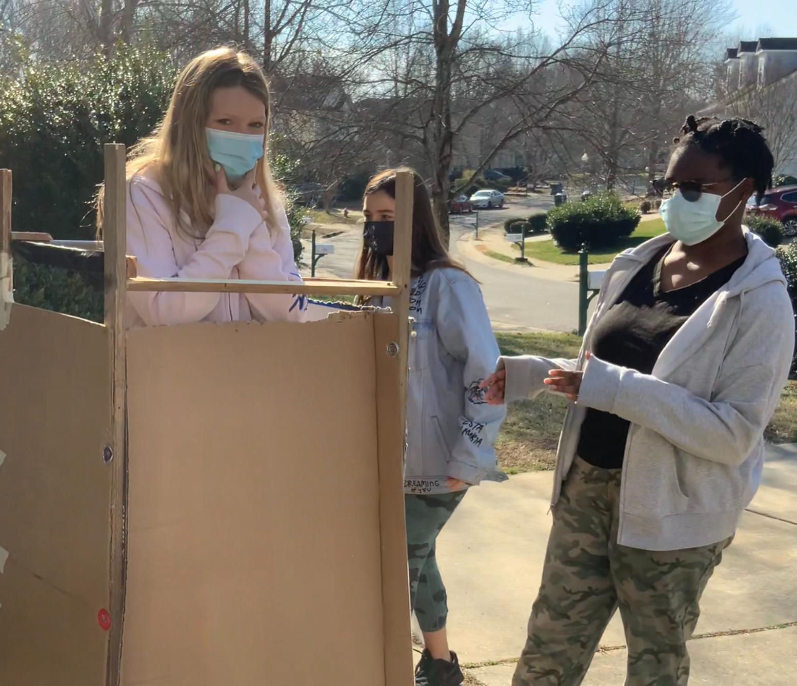 Kennedy, Katie and Sophia wiht set design for 1,2,3 Puppetry The Time We Have April 28, 2022