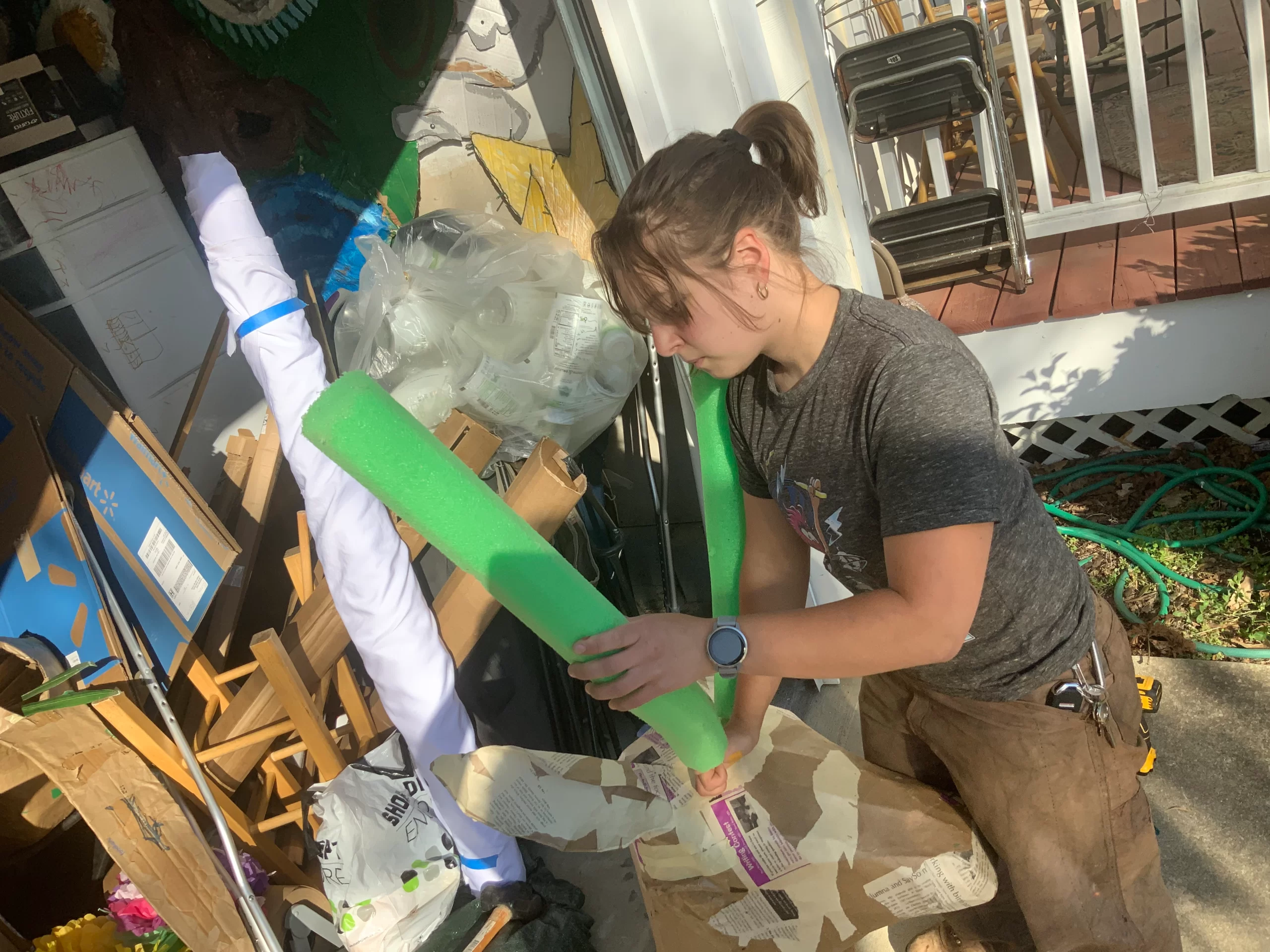 Sophia at set, mask work for the Time we Have 1,2,3 puppetry play