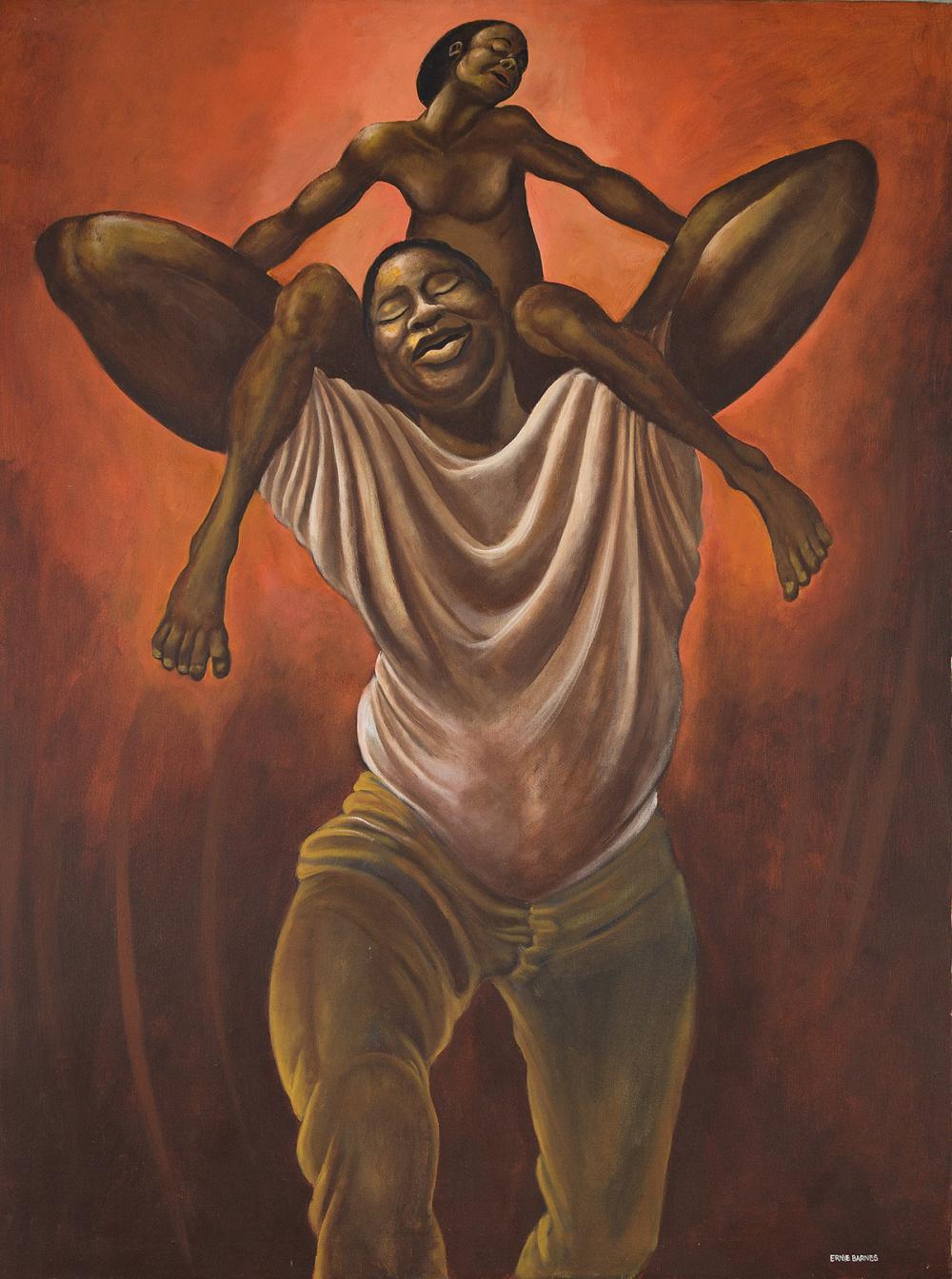 Apr. 06, 2023<br />
ERNIE BARNES (1938 - 2009) Daddy.<br />
Est: $250,000 - $350,000<br />
Passed<br />
ERNIE BARNES (1938 - 2009) Daddy. Acrylic on cotton canvas, 1973. 1219x914 mm; 48x36 inches. Signed in arcylic, lower right recto. Titled in pencil on the stretcher bars, and stamped with the artist's copyright statement, verso. Provenance: acquired directly from the artist; private collection, North Carolina. Exhibited: the travelling solo exhibition The Beauty of the Ghetto, the Museum of African Art, Washington,