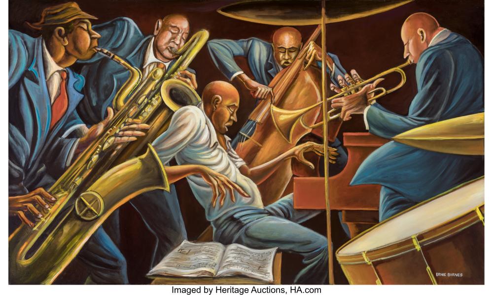 Ernie Barnes (American, 1938-2009) Quintet, circa 1989 Oil on canvas 36 x 60 inc<br />
Est: $500,000 - $700,000<br />
Sold:<br />
Upgrade to view prices<br />
Ernie Barnes (American, 1938-2009) Quintet, circa 1989 Oil on canvas 36 x 60 inches (91.4 x 152.4 cm) Signed lower right: Ernie Barnes PROVENANCE: The artist; Private collection, Philadelphia, Pennsylvania, acquired from the above; Thistlethwaite Americana, Middleberg, Virginia; [sale]The Winter Show, New York, January 2020; Private collection, Miami, Florida, acquired from the above. EXHIBITED: Grand Central Art Galleries, Inc., New York, "The Beauty of the Ghetto, Exhibition of Neo-Manneriest Paintings," October 30-November 17, 1990. LITERATURE: Central Art Galleries, Inc., New York, The Beauty of the Ghetto, Exhibition of Neo-Mannerist paintings, exhibition catalogue, 1990, p. 29, illustrated. The present work is housed in an original handmade artist frame and is also accompanied by a copy of the Central Art Galleries, Inc., The Beauty of the Ghetto exhibition catalogue, and Ernie Barnes Liberating Humanity from Within exhibition catalogue. The works of American painter Ernie Barnes are experiencing a comeback like that of no other artist of the last decade. Barnes' circa-1989 painting Quintet – a highlight of Heritage's May 12 American Art Signature Auction – is among the most recognizable pieces by the former pro footballer, who was once fined by the Denver Broncos' head coach for sketching during team meetings. Barnes, perhaps best known for his painting Sugar Shack, used in the credits of the TV show Good Times and on the cover of Marvin Gaye's 1976 album I Want You, is one of the 20th century's most distinctive painters. Last year, Sugar Shack sold for $15.3 million at Christie's – 76 times its high estimate of $200,000. "Almost like a more modern Thomas Hart Benton or El Greco," says Aviva Lehmann, Heritage's Director of American Art. "His works are lyrical, as close to dancing as a painting can get. And Quintet is among the most intimate masterworks of his entire oeuvre." Quintet was exhibited in the fall of 1990 at New York's Grand Central Art Galleries, as part of Barnes' solo exhibition The Beauty of the Ghetto, which was subtitled Exhibition of Neo-Mannerist Paintings – and that "neo-mannerist" is apropos, given that a hallmark of Barnes' work is how elongated and fluid his human figures are; Barnes' background as an athlete granted him a breathtaking interpretation of bodies in motion. And Quintet ranks among Barnes' greatest achievements, a joyful depiction of jazz musicians at work and at play, a piece so alive it echoes with a bebop soundtrack. Their eyes are closed – a hallmark of Barnes' work that dates back to 1971, when he said he first conceived of The Beauty of the Ghetto as an exhibition. "I began to see, observe, how blind we are to one another's humanity," Barnes said. "We don't see into the depths of our interconnection. The gifts, the strength and potential within other human beings." Barnes has long been acknowledged as a master by musicians who often used his works as album covers, among them Curtis Mayfield, BB King and Gaye. His lithe, ecstatic works look almost like sheet music – figures like notes dancing across the staff. Which should come as no surprise: Barnes' father played piano in the family's Durham, North Carolina home, and Barnes was so influenced by dad he framed each painting in distressed wood as a tribute: "Daddy's fence," he once said, "would hug all my paintings in a prestigious New York gallery." The painter, too, was raised listening to church choirs. Listen closely. Quintet, much like Sugar Shack, roars and reverberates like the long Saturday night before the Sunday morning. The painting brings the viewer dir</p>
<p>Heritage Auctions