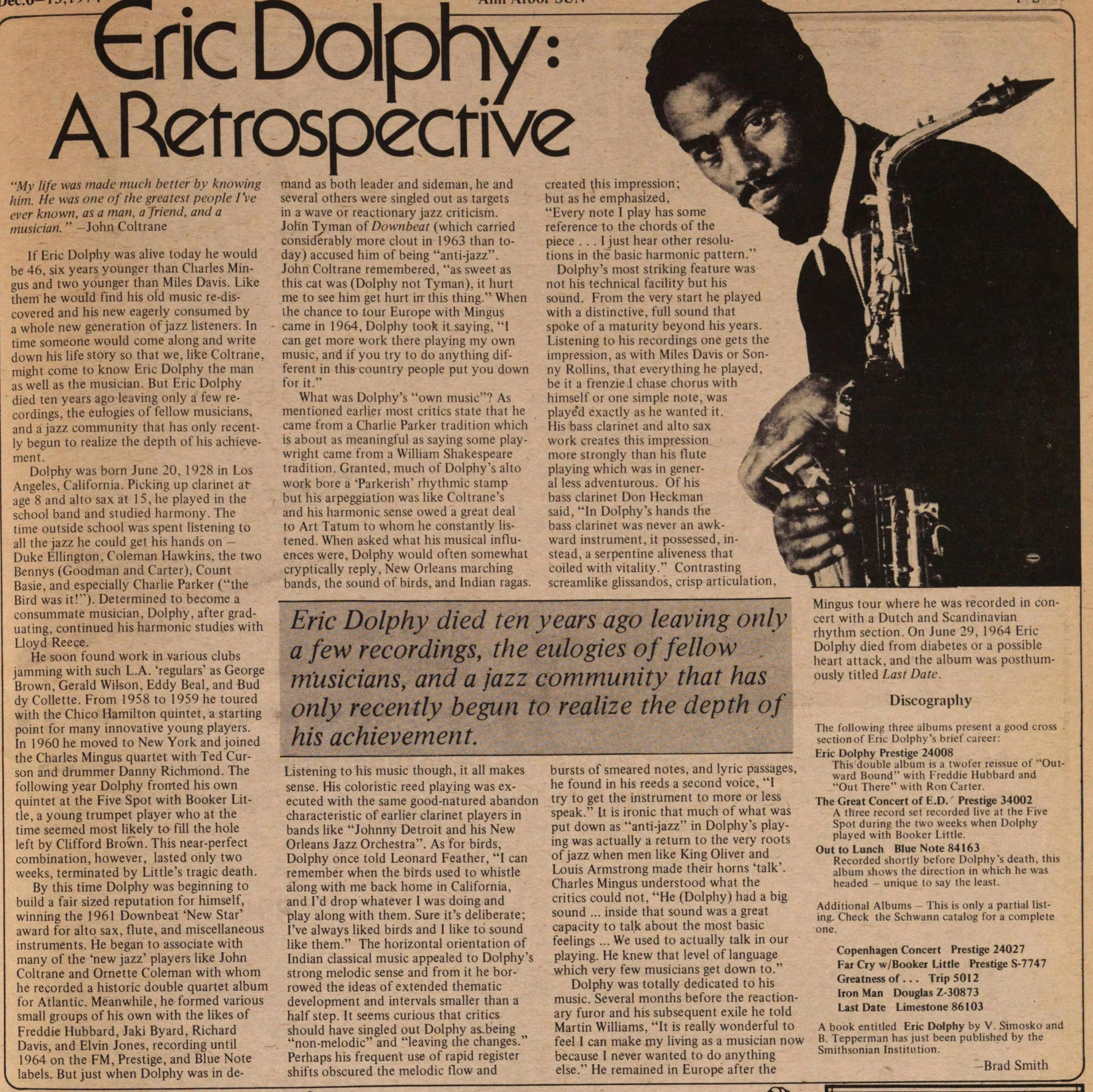 Eric_Dolphy_A_Retrospective Eric Dolphy's life and discography in newspaper Date 6 December 1974 Source https://aadl.org/node/198600 Author Ann Arbor Sun
